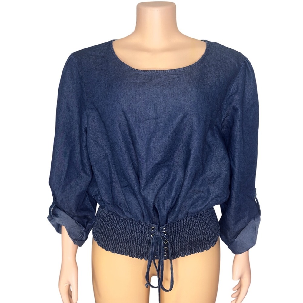 Ashley Stewart Women's Denim Corset‎ Long Sleeve Blouse Clinched Waist Size 14